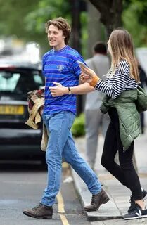 George MacKay in a Blue Striped T-Shirt Was Seen Out with Hi