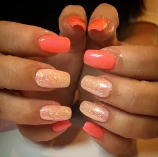 Coral pink nails with peach glitter. Just so lovely. Bright 
