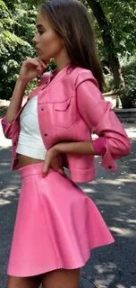 Matching pink leather jacket and miniskirt Pink leather jack