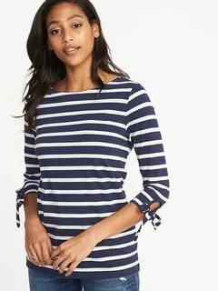 Relaxed Tie-Sleeve Boat-Neck Tee for Women Old Navy Striped 
