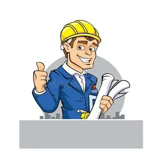 Cartoon Engineer or Builder with Blueprints Stock Vector - I