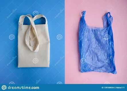 Plastic Free Concept. Cotton Bag and Plastic Bag on Pink and