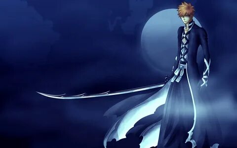 Скачать обои 4k, Ichigo Kurosaki, sword, moon, manga, Bleach