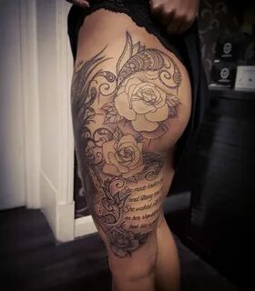 rose and lace tattoo idea, thigh tattoo, writing Thigh tatto