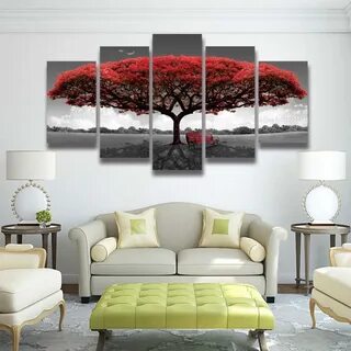 5 панельных печатных красных деревьев, пейзаж, Модульная кар