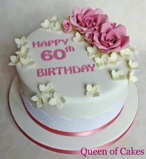 Ladies 60th birthday cake, with lace and sugar flowers. By Q