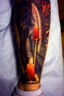 Outstanding Burning Candles And Stick Tattoo Made By Ink