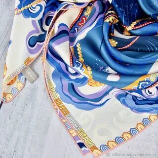 Большой платок с Лилиями Сине-Бежевый, натуральный шелк - ку