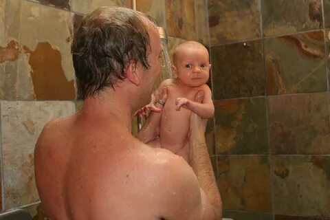 Father son showering