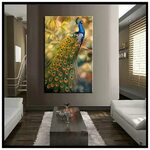 Vertical classic realistic canvas wall art colorful peacock 