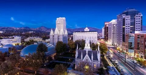 Aerial view of downtown Salt Lake City and Temple square Sal