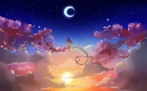 Fondos de pantalla Chica anime, cielo, luna, sol, nubes, ram