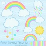 Pastel Rainbows Clipart Set - Rainbows, Clouds, Sun, Hearts,