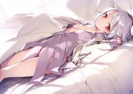 bed blush dress ke-ta kishin_sagume loli nipples nopan open_shirt red_eyes ...