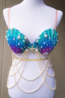 Blue Seashell Sequin Scale Mermaid Bra Top Pearls Halloween 