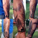 Tattoo forest trees deer arm half sleeve scenery silhouette 