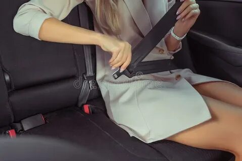 Close-up of Business Lady Girl Suit, Fastens Seat Belt Taxi,