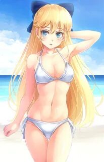 Safebooru - 1girl arm up beach bikini blue eyes blush bow br