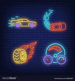 Racing cars wheel on fire and speedometer neon Vector Image