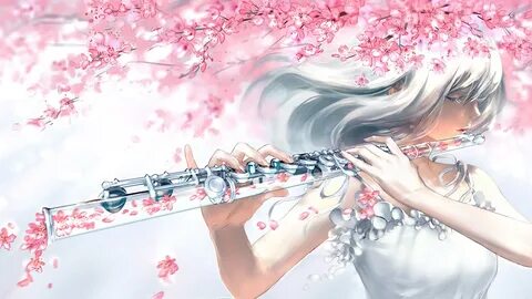 digital art. flute. anime. white hair. 