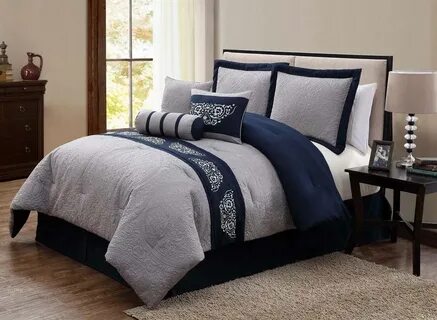 Gray Cotton Dark Blue Pattern Comforter Set - Designs Chaos