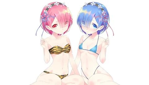 2girls aqua eyes aqua hair bikini breasts cleavage headdress