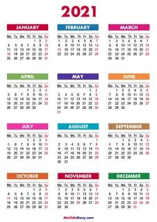 2021 Calendar with Holidays, Printable Free, Colorful - Mond