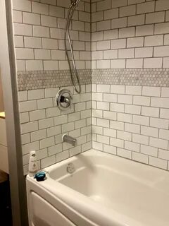 White Subway Tile Bathtub Surround With Marble Hex Tile thro