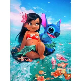 Cartoon Blue Stitch and Girl - Round Drill Diamond Painting 