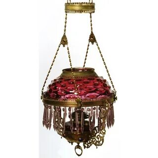 Victorian Cranberry Hobnail Hanging Lamp, - auctions & price