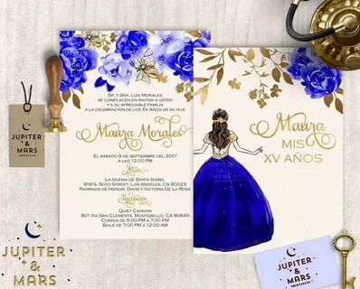 Elegant Royal Blue and Gold Quinceañera Invitation, Quincean