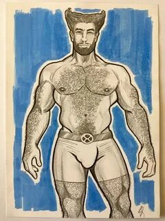 GAY MALE ART Hairy Muscle Gay Superhero Fantasy X Men Pencil