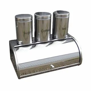 Silver Bread Bin Storage Canister Set Tea Sugar Coffee Kitch