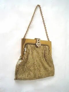 Vintage Whiting and Davis Gold Mesh Purse with Rhinestone Et