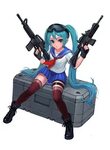 Safebooru - 1girl aqua eyes aqua hair assault rifle boots fi