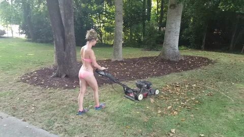 Girl mowing lawn in bikini - YouTube