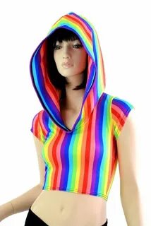 Rainbow Print Cap Sleeve Hoodie Crop Top with Self Lined Hoo