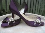 Purple Eggplant Bridal Shoes With Pearl and Crystal Bow Broo