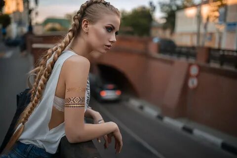 Women Blonde Blue Eyes Smoky Eyes White Shirt Denim Braids K