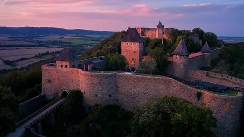 Helfštýn (Helfenstein, Helfstein) castle aerial view at suns