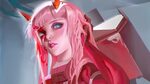 darling in the franxx blue eyes zero two with gray backgroun