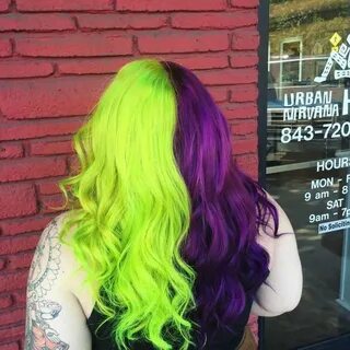 Half and Half Green and Purple Split dyed hair, Hair color p