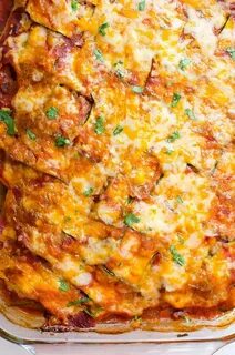 Low Carb Chicken Zucchini Casserole with layers of cooked sh