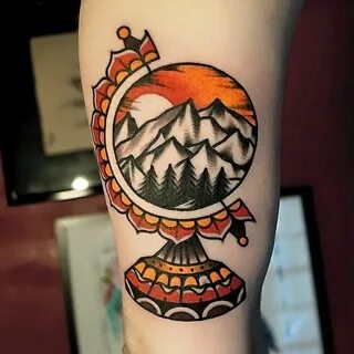 by: Morse Tattoo Globe tattoos, Mountain tattoo design, Trad
