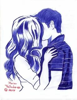 Dibujo a tinta de pareja besándose Besos de parejas, Dibujo 