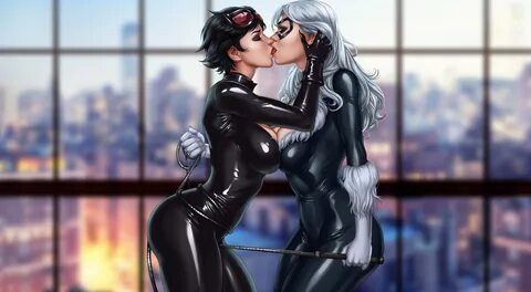 Wallpaper : fantasy art, fantasy girl, kissing, lesbians, Catwoman, Black Cat, D