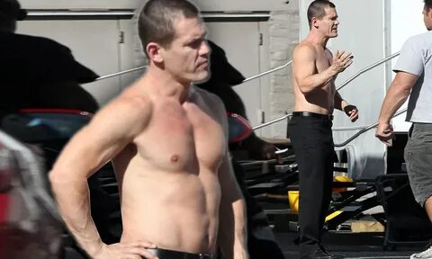 Breath in! Topless Josh Brolin tries to act natural as he ha