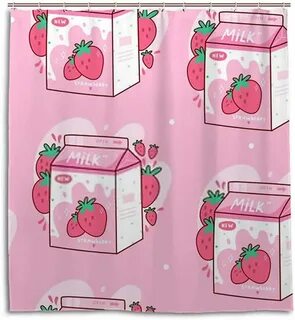 ZHONGJI Waterproof Fadeless Shower Curtain Carton Strawberry Milk Cute Pink...