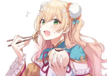 blonde hair blush chinese clothes close fang food green eyes