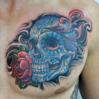 Tattoo : Tattoos : Realistic : Colorful Sugar Skull with Ros